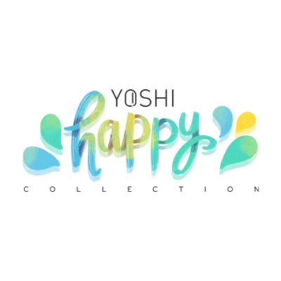Logotipo colorido com texto 'YOSHI happy COLLECTION' estilizado em aquarela
