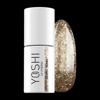 Verniz YOSHI UV HYBRID COSMIC YERBA branco com amostra de cor brilhante castanha e dourada