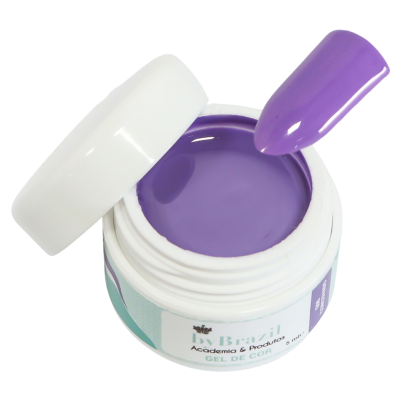 Geleia para unhas lilás em pote branco com tampa aberta e amostra da cor