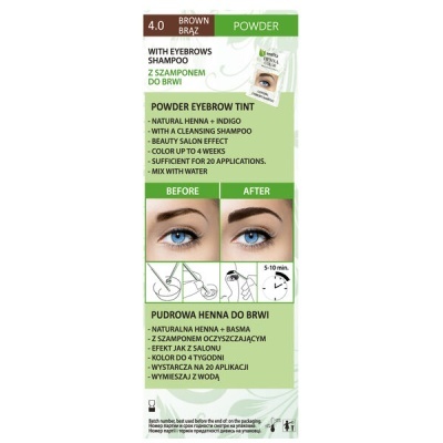 Embalagem de tintura em pó para sobrancelhas cor Brown Braz com shampoo, instruções e imagens antes e depois.