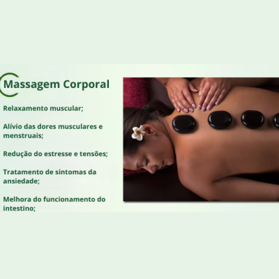 Mulher a receber massagem corporal com pedras quentes e texto explicativo em português