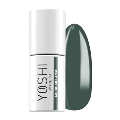 Verniz de unhas YOSHI UV HYBRID METRO MELANGE e amostra da cor verde escuro