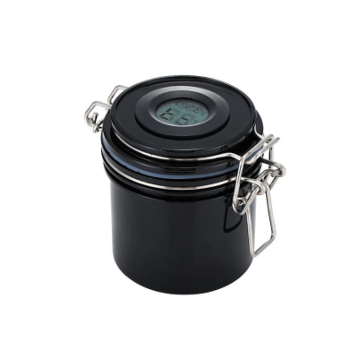 Frasco hermético preto com fecho metálico e visor digital na tampa