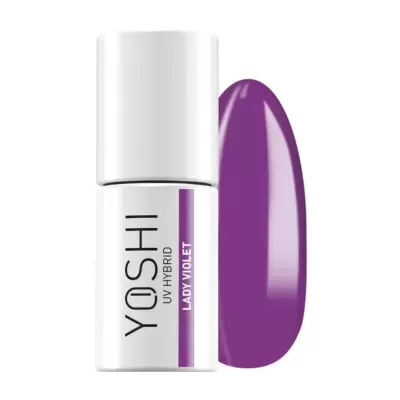 Verniz de gel YOSHI UV HYBRID na cor roxa Lady Violet com frasco branco e texto preto e roxo.
