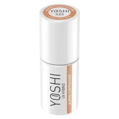 Frasco branco de cosmético YOSHI UV HYBRID com tampa e texto