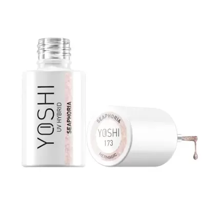 Frasco de verniz de unhas YOSHI UV HYBRID SEAPHORIA aberto com pincel e verniz rosa cintilante