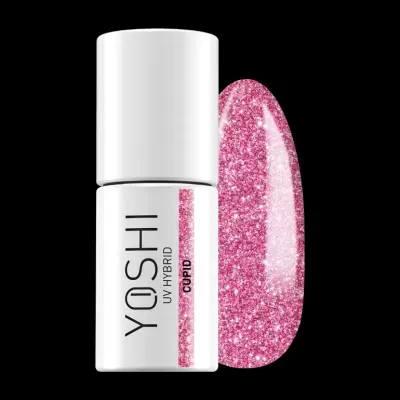 Verniz de unha rosa glitter YOSHI UV HYBRID com amostra da cor