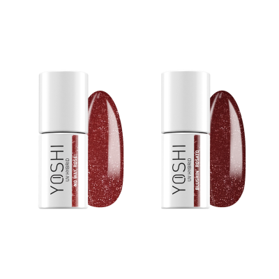 Dois frascos de verniz de unhas vermelho escuro brilhante da marca YOSHI UV HYBRID