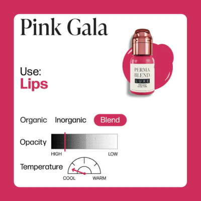 Produto para lábios Pink Gala PERMA BLEND LUXE com dados de opacidade e temperatura