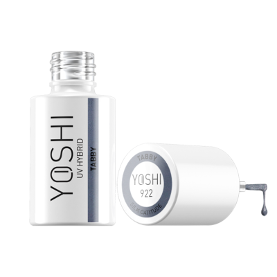 Frasco aberto de verniz YOSHI UV HYBRID cor Tabby com tampão branco e gota de verniz cinzento