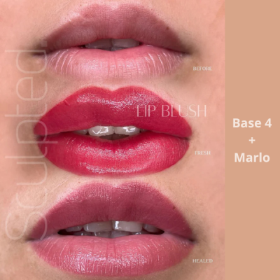 Imagens de lábios antes, durante e depois da aplicação de Lip Blush, mostrando diferentes cores e estados dos lábios.