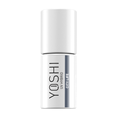 Frasco branco compacto com tampa e texto YOSHI UV HYBRID CITY LIFE