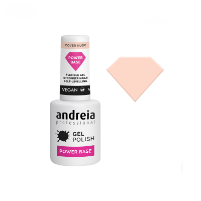 Frasco branco de verniz gel Andreia Professional Power Base e amostra de cor nude