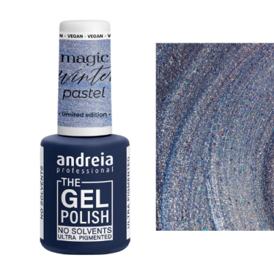 Esmalte de unhas azul escuro com glitter e rótulo branco Andreia Professional