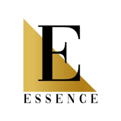 Logótipo com a letra E preta e triângulo dourado, texto ESSENCE
