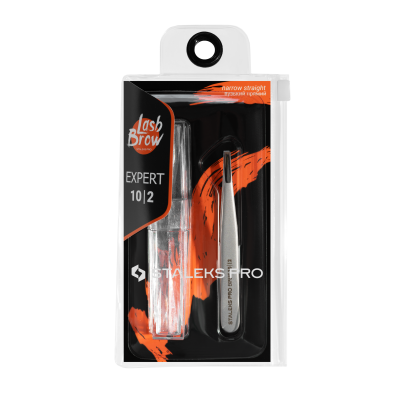Conjunto Staleks Pro Lash Brow Expert pinça e capa em embalagem preta e laranja