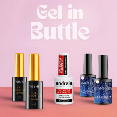 Cinco garrafas de verniz gel para unhas em diferentes marcas e cores sobre fundo rosa