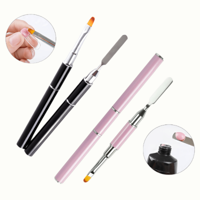 Conjunto de pincéis para unhas com cabo preto e rosa e cerdas amarelas e espátulas metálicas