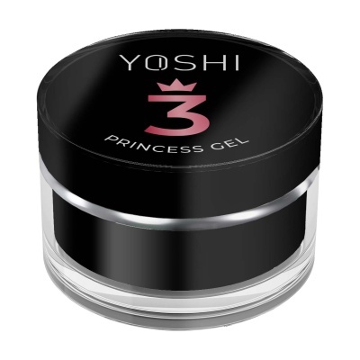 Frasco redondo transparente com tampa preta e inscrições YOSHI 3 PRINCESS GEL