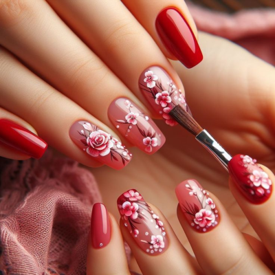 Unhas vermelhas e salmão com flores 3D e pincel de verniz