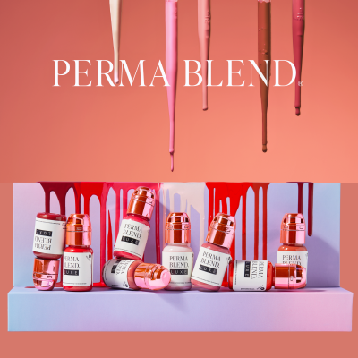 Colonias Perma Blend em garrafas de vidro cor-de-rosa sobre caixa lilás e fundo vermelho