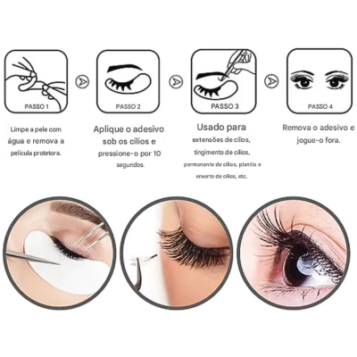 Instruções passo a passo para aplicar adesivo em pestanas com imagens de aplicação em pestanas reais