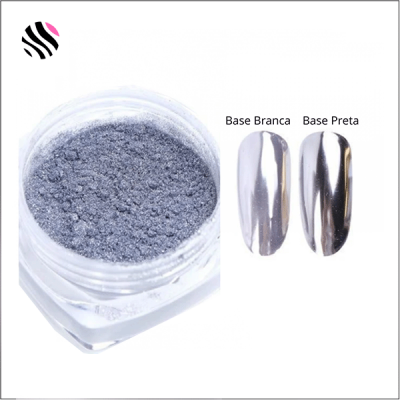 Pó cinza metalizado para unhas com amostras base branca e preta