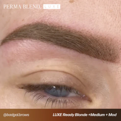 Sobrancelha castanho claro bem definida com texto Perma Blend Luxe e etiquetas
