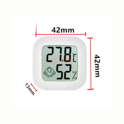 Termómetro digital e higrómetro branco com visor LCD mostrando temperatura 27,8°C e humidade 52%.