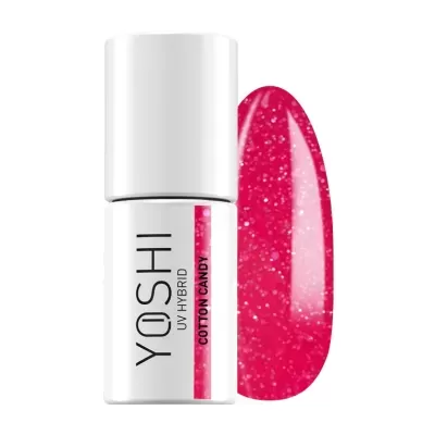Verniz UV Hybrid YOSHI Cotton Candy com amostra de cor rosa glitter