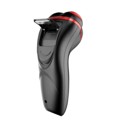 Aparelho de barbear elétrico preto com detalhes vermelhos e lâmina retrátil aberta
