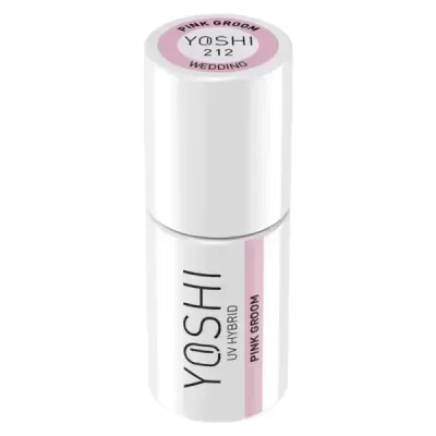 Frasco branco de verniz de unhas YOSHI UV HYBRID com detalhes em rosa