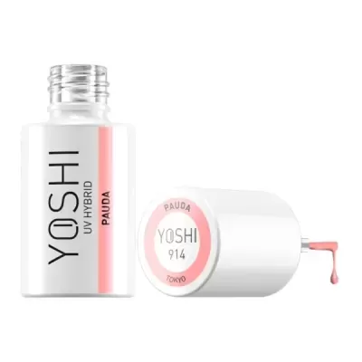 Frasco de verniz de unhas YOSHI UV Hybrid PAUDA branco e rosa com tampa e verniz a escorrer.