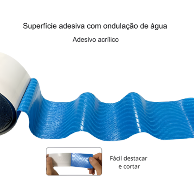 Rolo de adesivo acrílico azul com ondulação de água e texto em português