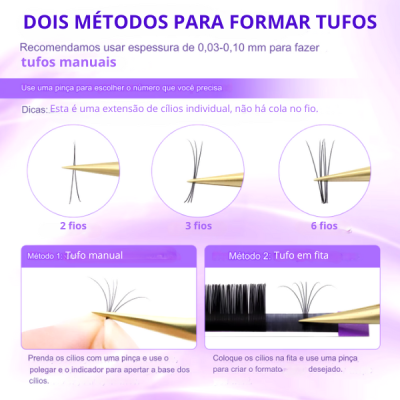 Instruções para formar tufos de cílios usando pinça e fita adesiva.