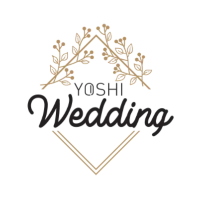 Logótipo YOSHI Wedding com ramos dourados e texto preto