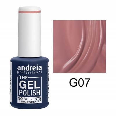 frasco de esmalte gel Andreia azul com tampa branca e amostra da cor G07