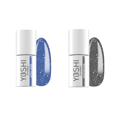 Dois frascos de verniz de unhas YOSHI, azul e cinzento com manchas brancas