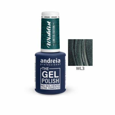 Verniz de gel azul escuro Andreia Professional com tampa branca e rótulo verde Whislist