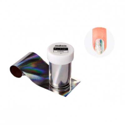 Rolo de foil holográfico para unhas com embalagem e unha decorada.