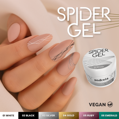 Pote de Spider Gel 03 Silver da andreia e unhas nude decoradas com linhas finas brancas, pretas e prateadas