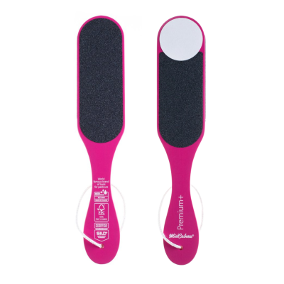 Duas limas para pés cor de rosa com superfície abrasiva preta e cabo com cordão