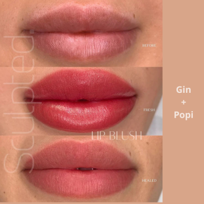 Três fotos de lábios antes, logo após e curados de um tratamento de cor chamado Lip Blushi Gin + Popi.