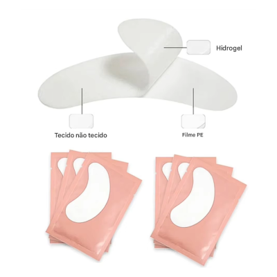 Adesivos para os olhos em embalagens cor-de-rosa com três camadas visíveis: hidrogel, tecido não tecido e filme PE
