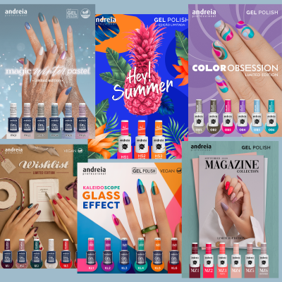 Cartazes de vernizes gel Andreia com várias coleções e cores, mãos pintadas, textos promocionais e rótulos de edição limitada e vegan.