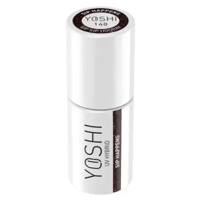Verniz UV híbrido YOSHI 148 branco com texto preto e detalhe castanho