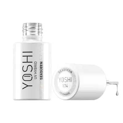 Frasco de verniz UV Hybrid YOSHI branco da marca SEAQUEEN com tampa ao lado vertendo verniz