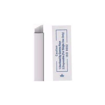 Agulhas de micropigmentação em aço inoxidável com embalagem branca e texto de aviso em inglês