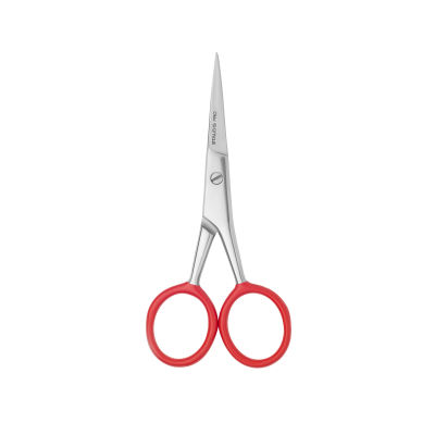 Tesoura pequena com cabos vermelhos e lâminas de metal