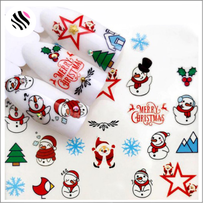 Autocolantes de unhas com desenhos natalícios coloridos e mensagens em vermelho